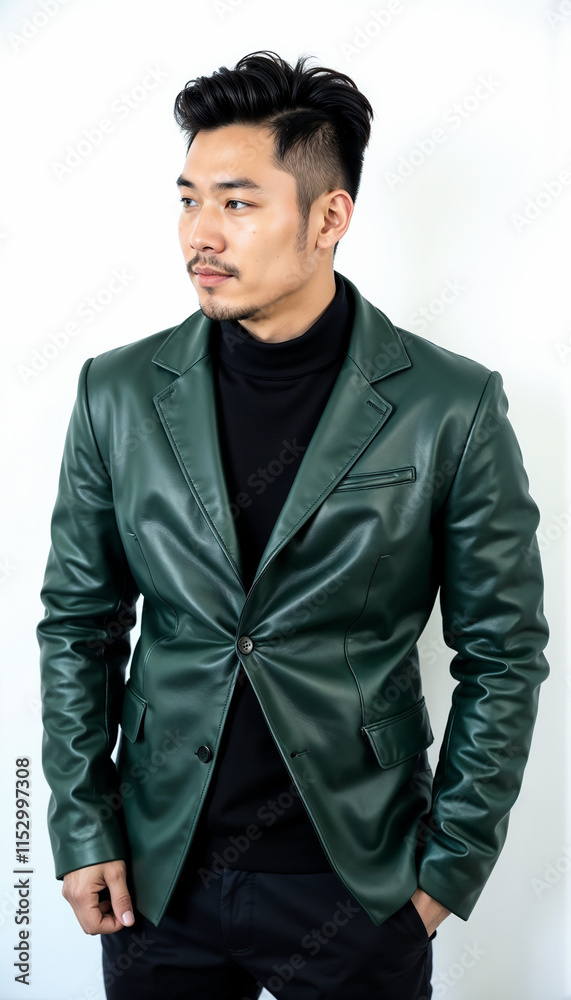 Fototapeta premium Creative Asian man in metallic green blazer with black turtleneck on white background
