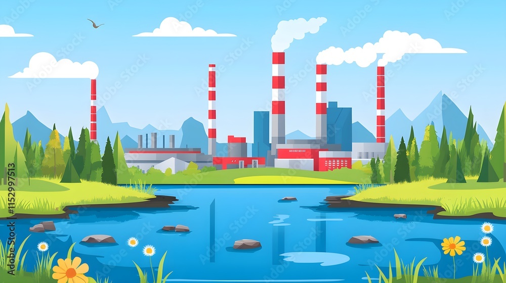Fototapeta premium Industrial pollution impact on nature factory landscape digital illustration outdoor view environmental awareness