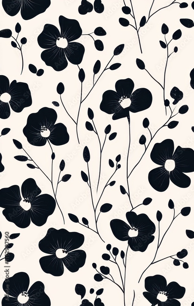 Fototapeta premium A pattern featuring bold black flowers and delicate leaves on a soft, cream background, creating a stylish botanical design.