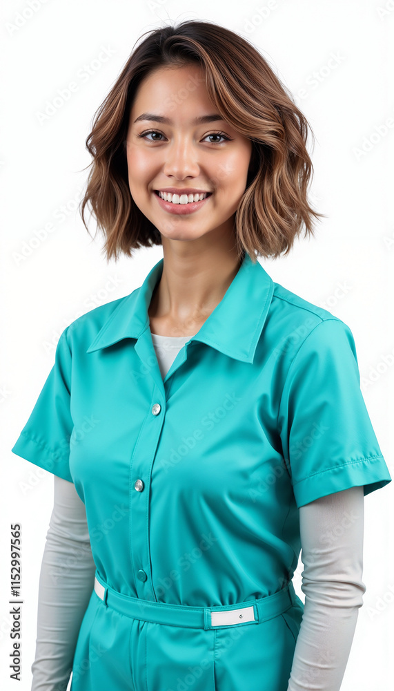Professional cleaning service worker in turquoise uniform with sleeves on white background Professional cleaning service worker in turquoise uniform with sleeves on white background