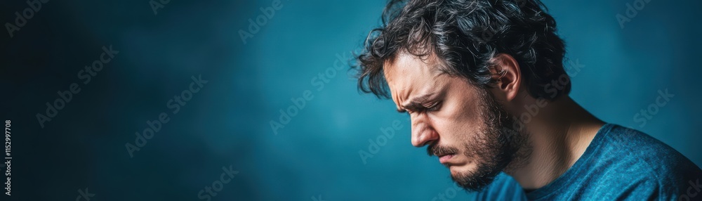 Fototapeta premium A man furrowing his brows in deep concentration, harsh side lighting, slightly tilted head, intense focus, dramatic closeup