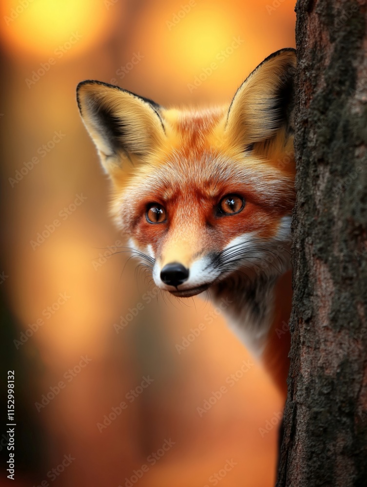 A curious red fox peeking out from behind a tree trunk, surrounded by a warm and glowing autumn forest, highlighting the beauty of wildlife and the fall season A curious red fox peeking out from behind a tree trunk, surrounded by a warm and glowing autumn forest, highlighting the beauty of wildlife and the fall season