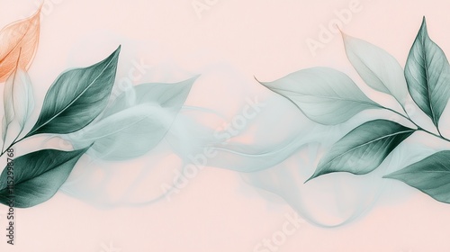 Serene Teal Leaves and Pastel Swirls Abstract Art
