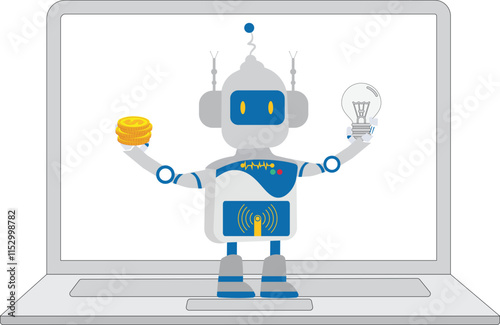 Robot holding a money and lightbulb Laptop