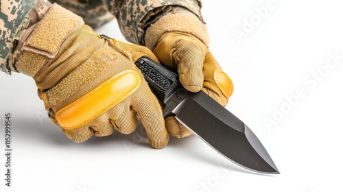 Tactical Gloved Hand Gripping Sharp Survival Knife for Outdoor Adventure and Safety photo