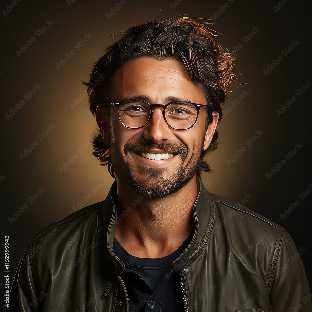 Fototapeta premium Portrait of a handsome young man in leather jacket and glasses