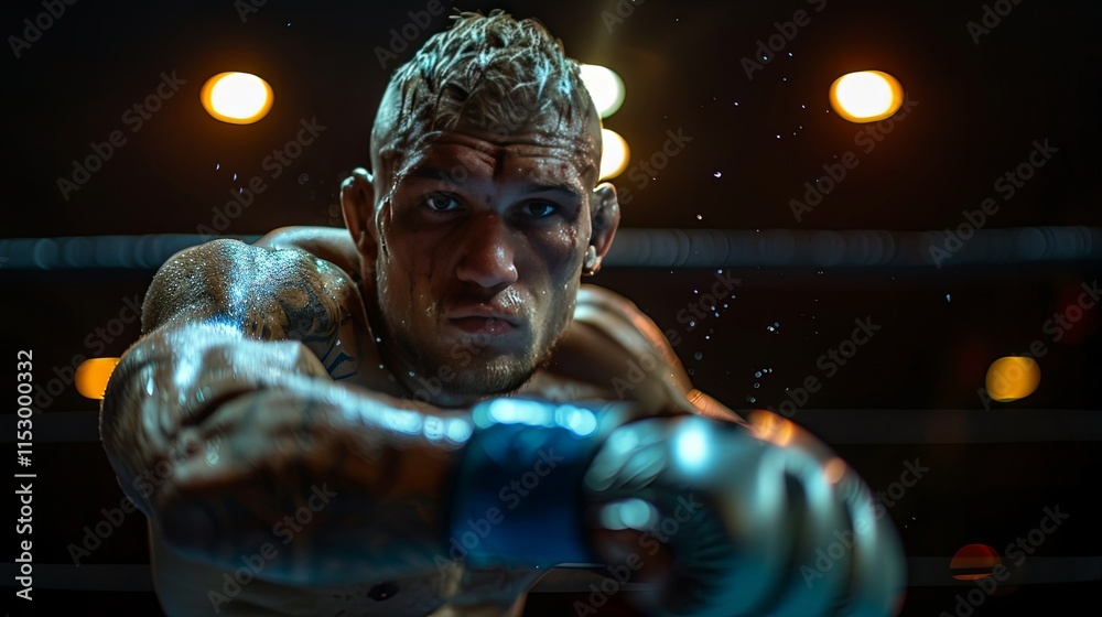 A bloodied MMA fighter intensely focuses, poised to strike in a dimly lit arena. A bloodied MMA fighter intensely focuses, poised to strike in a dimly lit arena.