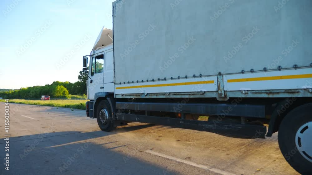 Close up of truck with cargo trailer driving on highway and transporting goods. White lorry speeding through countryside road at sunset time. Cargo transportation concept. Slow motion Side view