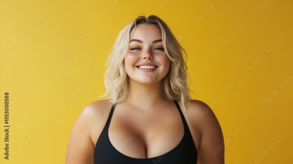 Fototapeta premium A smiling person with blonde hair poses against a vibrant yellow background, exuding confidence and positivity.
