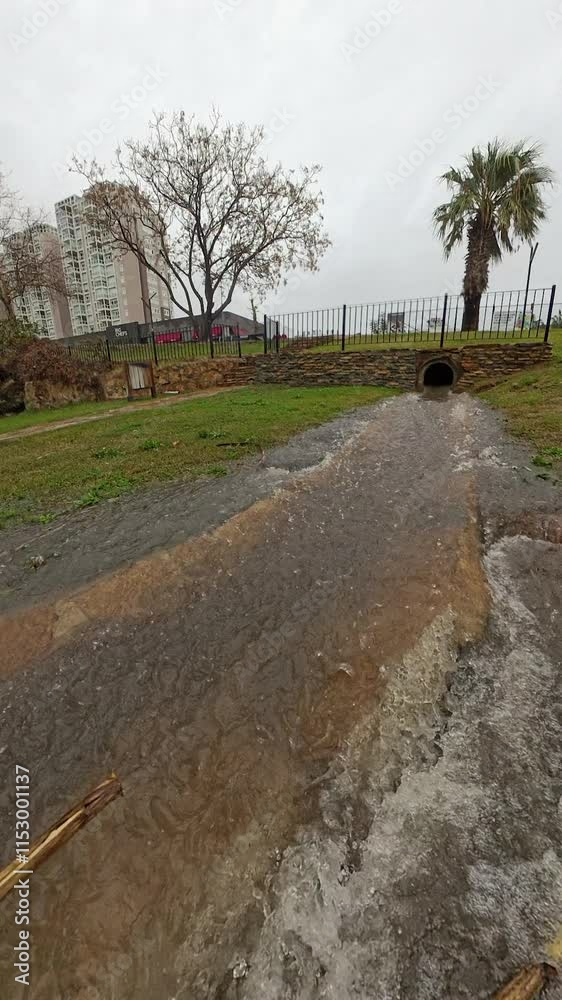 Vertical video. Fast-Flowing Water Emerging from a Stone Drainage Pipe After Heavy Rainfall, Surrounded by Grass and a Stone Wall, Showcasing the Power of Stormwater Runoff. Vertical video. Fast-Flowing Water Emerging from a Stone Drainage Pipe After Heavy Rainfall, Surrounded by Grass and a Stone Wall, Showcasing the Power of Stormwater Runoff.
