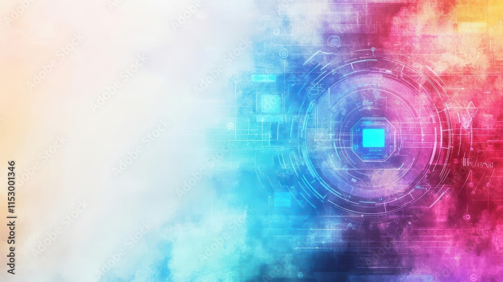 A vibrant technologythemed watercolor with AI chatbots visible through circular touchsensitive portals, A vibrant technologythemed watercolor with AI chatbots visible through circular touchsensitive portals,