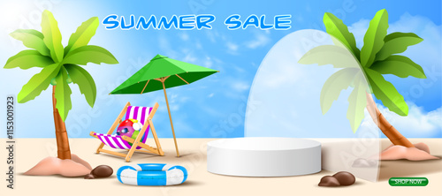 beautiful sky,coconut trees and summer sport objects decorative white cylindrical podium summer business promotion and product display and presentation background vector illustration.