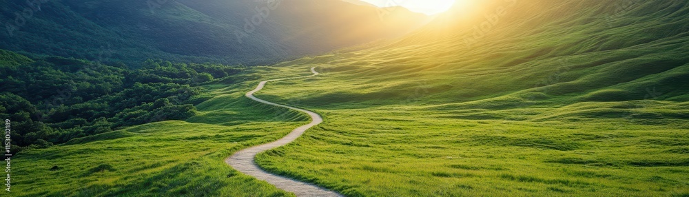 Obraz premium A winding path through a lush green valley with golden sunlight at the end, symbolizing progress and patience