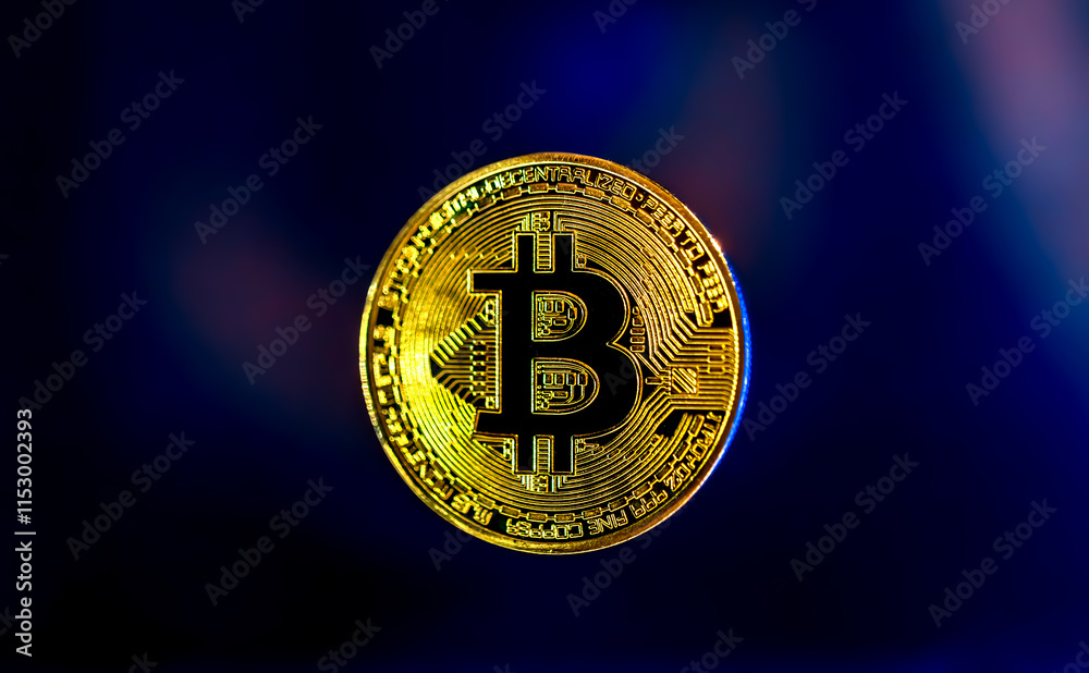 Golden Bitcoin coin with beautiful background. Cryptocurrency money concept. Golden Bitcoin coin with beautiful background. Cryptocurrency money concept.