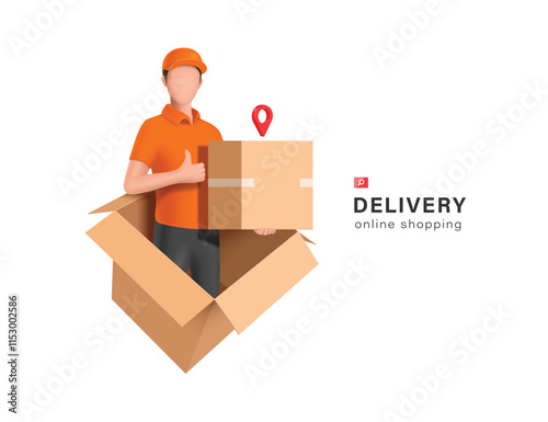 Delivery workers in orange uniforms carry cardboard boxes or parcel box to deliver goods to customers according to marked pin map location, vector 3d isolated for delivery advertising design