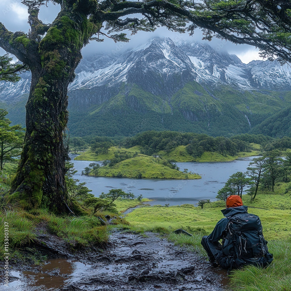 Person sitting by lake, admiring snow-capped mountains and lush greenery. Person sitting by lake, admiring snow-capped mountains and lush greenery.