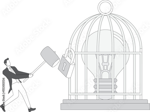 Open cage with idea bulb Businessman