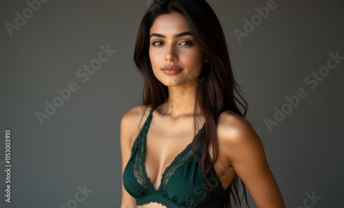 Portrait of a South Asian woman in green lingerie