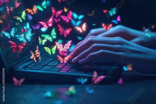 An animatedstyle representation of a teenager typing a positive reply to a hurtful comment, glowing text turning into colorful butterflies, fantasy theme, medium angle