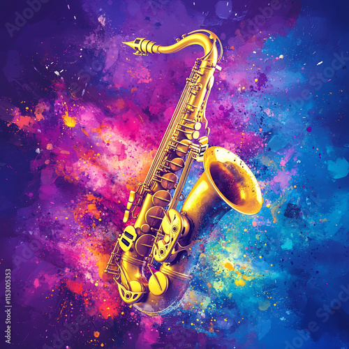 A golden saxophone shines against a vibrant explosion of colors, symbolizing the energy and creativity of jazz music.