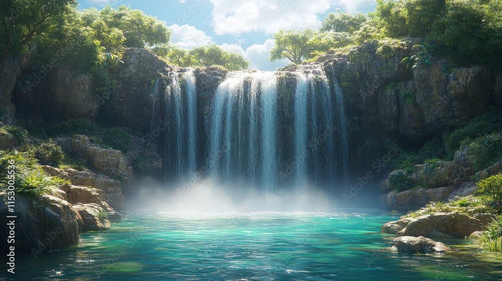 Fototapeta premium Serene waterfall cascading into a tranquil turquoise pool, surrounded by lush greenery under a sunny sky.