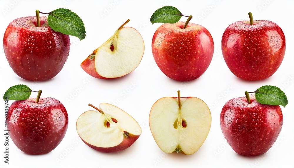 A collection of apples with water droplets and sliced pieces, isolated on a white background. Includes clipping path. A collection of apples with water droplets and sliced pieces, isolated on a white background. Includes clipping path.