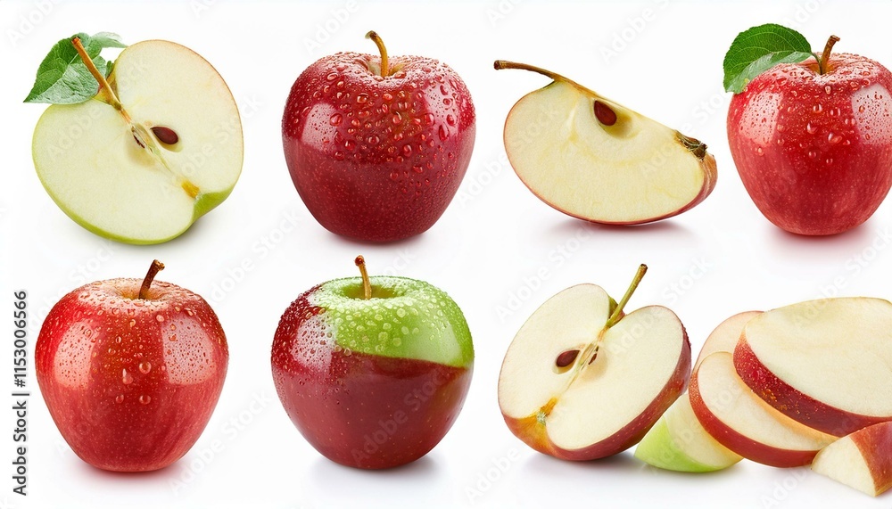 Naklejka premium A collection of apples with water droplets and sliced pieces, isolated on a white background. Includes clipping path.