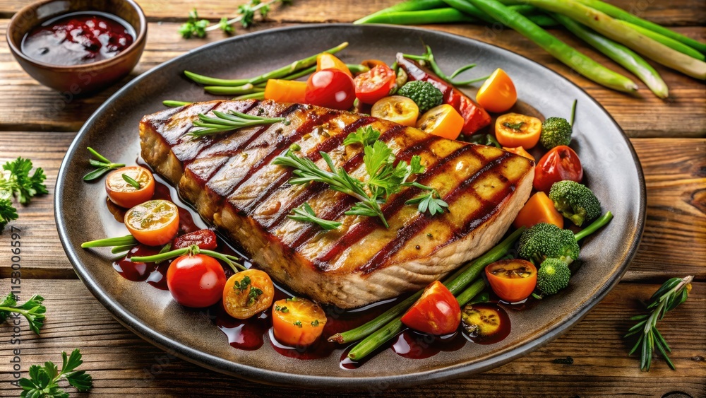 Grilled swordfish steak, teriyaki BBQ glaze, and vibrant grilled vegetables, overhead shot. Grilled swordfish steak, teriyaki BBQ glaze, and vibrant grilled vegetables, overhead shot.