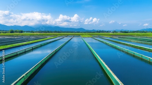 A stunning aerial view of aquaculture ponds surrounded by lush greenery and mountains under a clear blue sky.