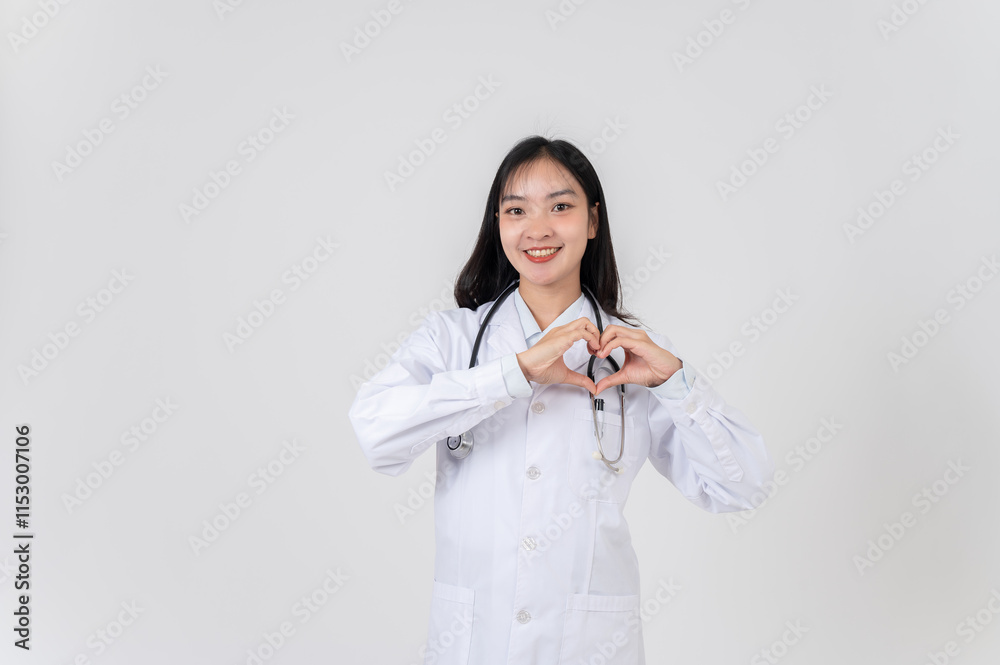 A doctor stands against a white studio background, smiling and making a heart with her hands. A doctor stands against a white studio background, smiling and making a heart with her hands.