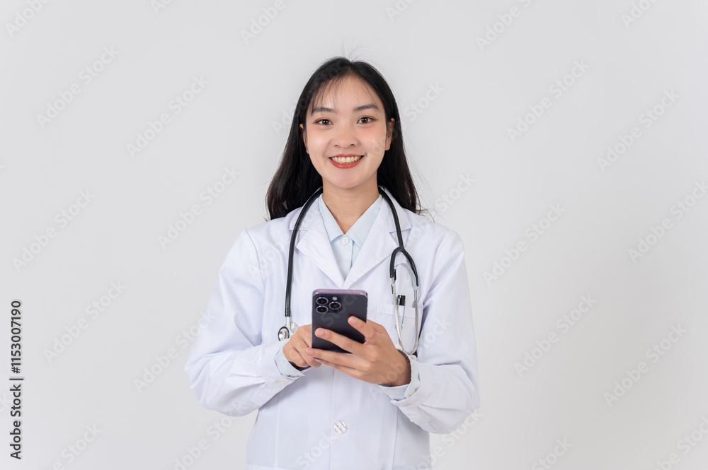 A smiling Asian female doctor in a white gown uniform holding a smartphone, studio background. A smiling Asian female doctor in a white gown uniform holding a smartphone, studio background.