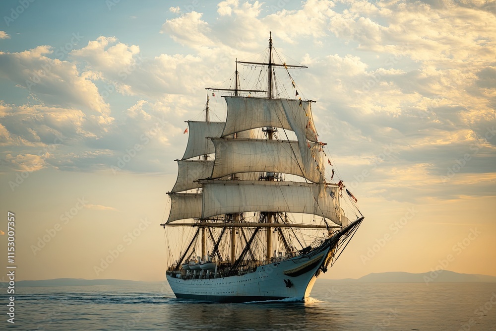 A majestic sailing ship gliding through calm waters. A majestic sailing ship gliding through calm waters.