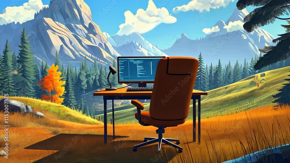 Scenic mountain workspace with coding setup in serene landscape