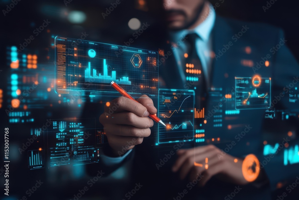 Corporate businessman drawing graphs on floating holographic screens surrounded by glowing AIpowered analytics, futuristic theme Corporate businessman drawing graphs on floating holographic screens surrounded by glowing AIpowered analytics, futuristic theme