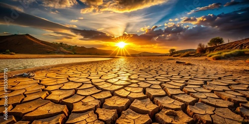 Arid Landscape:  Parched Earth and Dried-Up Riverbed Reflecting Global Water Scarcity photo