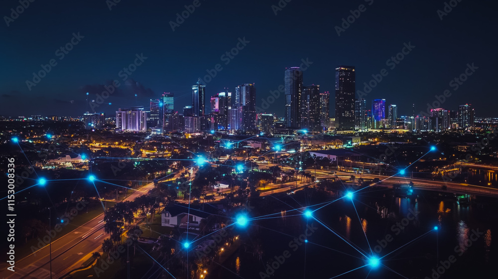 Fototapeta premium Smart digital city with connection cyber security network reciprocity over the cityscape . future smart wireless digital city and social media networking systems that connects people within the city