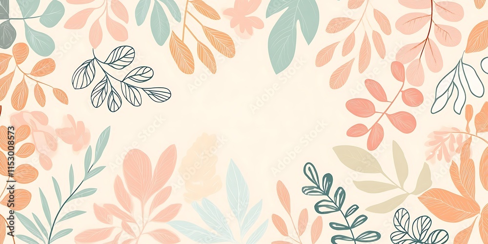Fototapeta premium Pastel floral frame background with leaves and branches.