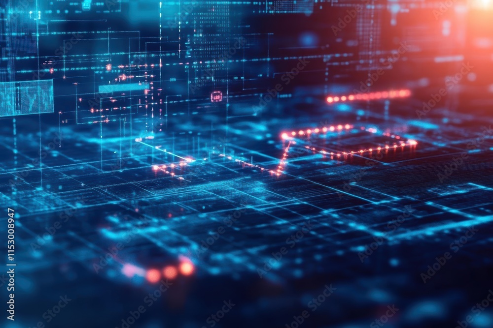 Fototapeta premium Dynamic visualization of blockchain integration in microfinance systems side view highlighting transparency and efficiency futuristic tone Analogous Color Scheme