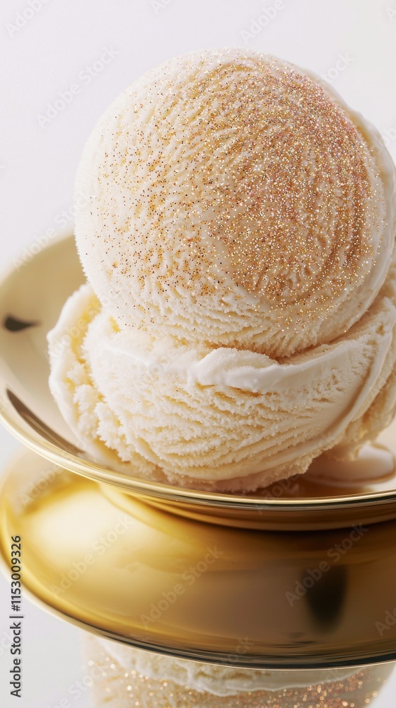 Deliciously round ice cream scoop on elegant gold plate gourmet dessert minimalist style studio light visual concept Deliciously round ice cream scoop on elegant gold plate gourmet dessert minimalist style studio light visual concept