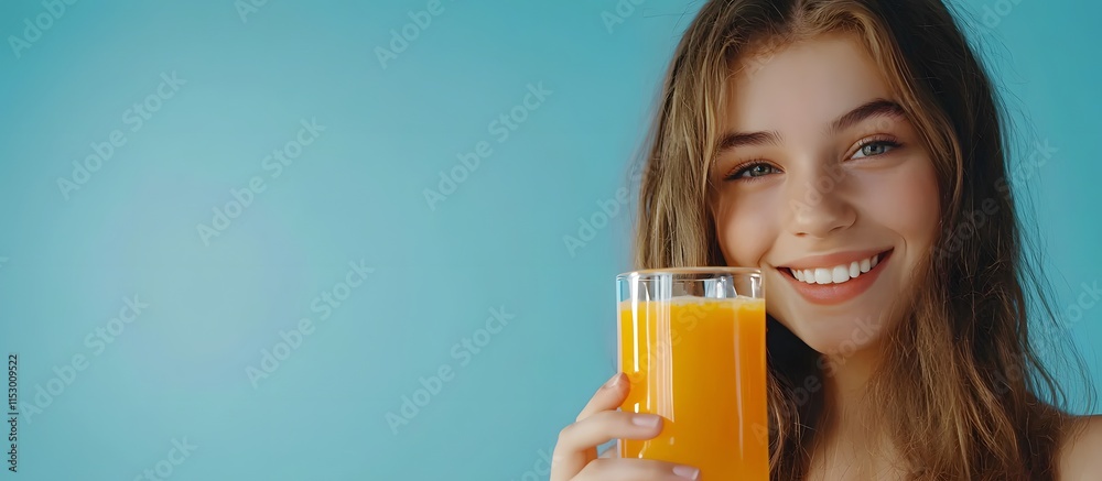 Smiling girl holding a glass of orange juice against a blue background Smiling girl holding a glass of orange juice against a blue background