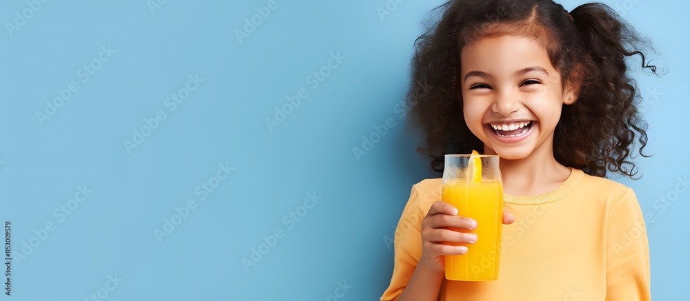 Smiling girl holding a glass of orange juice against a blue background Smiling girl holding a glass of orange juice against a blue background