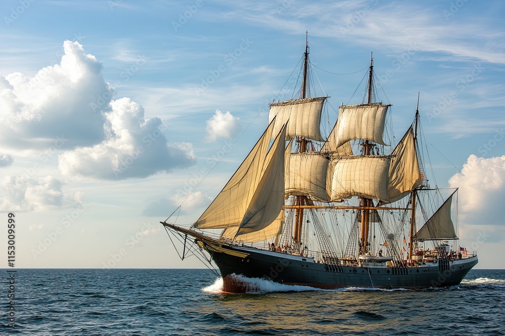 A majestic sailing ship navigating through calm waters. A majestic sailing ship navigating through calm waters.