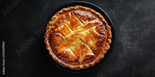 Aerial view of a pie resting in a sleek black container, showcasing the pie s delicious filling and texture while emphasizing the contrast with the dark container. Perfect for pie enthusiasts. photo