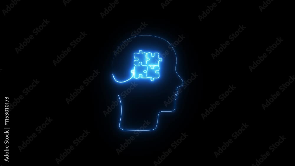 Concept of mental health with neon line animation. Profile of human head as single continuous line. Psychological and psychiatric therapy. Business idea, education. Puzzle. Concept of mental health with neon line animation. Profile of human head as single continuous line. Psychological and psychiatric therapy. Business idea, education. Puzzle.