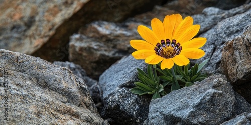 A vibrant yellow Gazania lichtensteinii flower emerges from a rugged rocky surface, showcasing the resilience and beauty of the Gazania lichtensteinii as it thrives in challenging conditions. photo