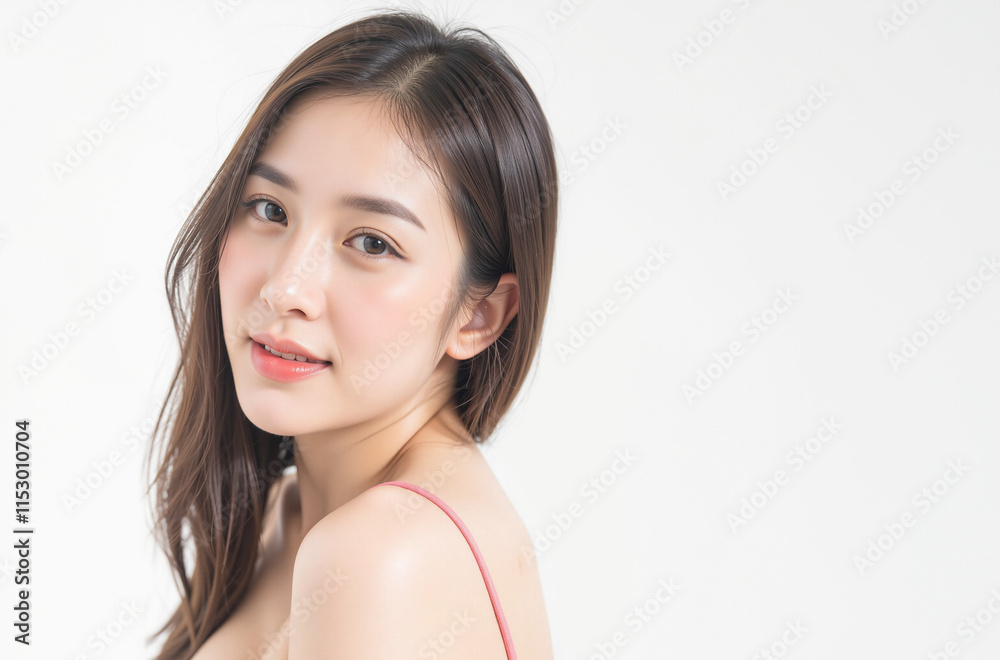 Realistic Generative AI of Asian woman with camisole on white background, Free space for text. Realistic Generative AI of Asian woman with camisole on white background, Free space for text.