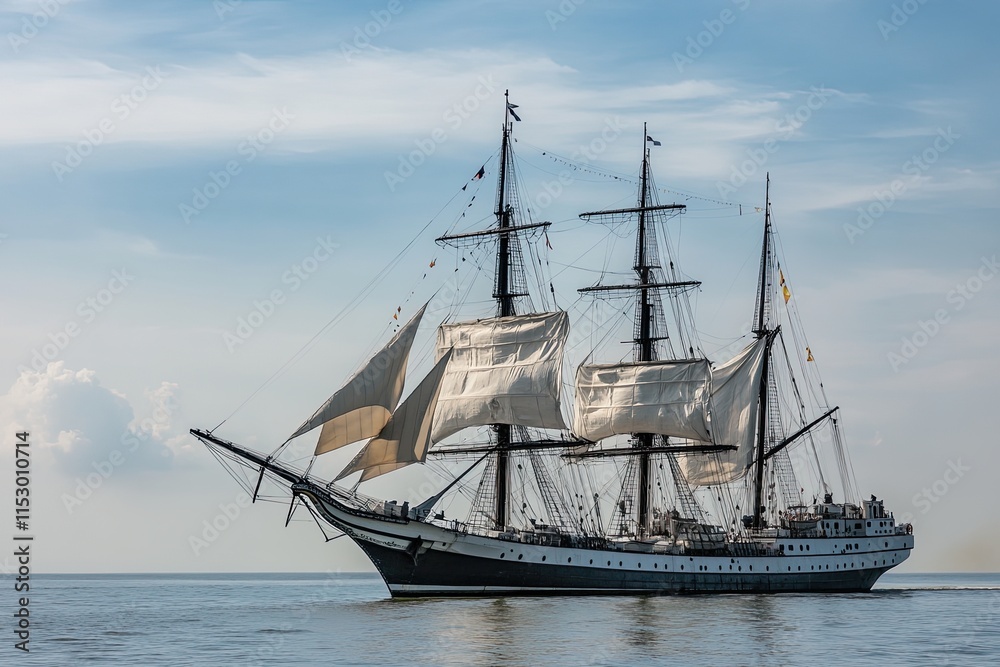 A majestic sailing ship with billowing sails on water. A majestic sailing ship with billowing sails on water.