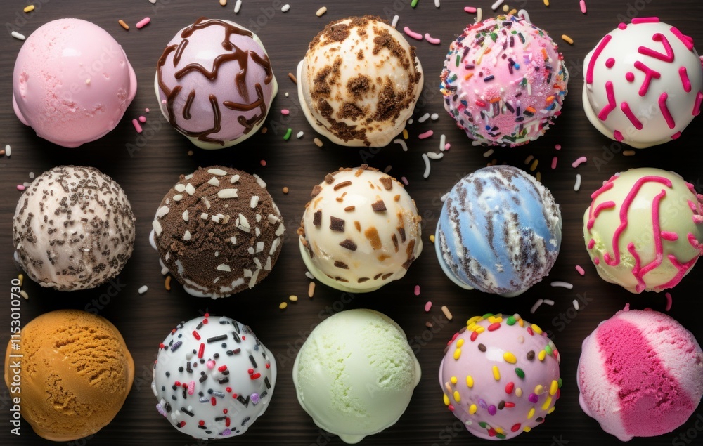 Colorful Array of Ice Cream Scoops with Various Flavors and Toppings on a Dark Background Perfect for Summertime Treats and Dessert Inspiration Colorful Array of Ice Cream Scoops with Various Flavors and Toppings on a Dark Background Perfect for Summertime Treats and Dessert Inspiration