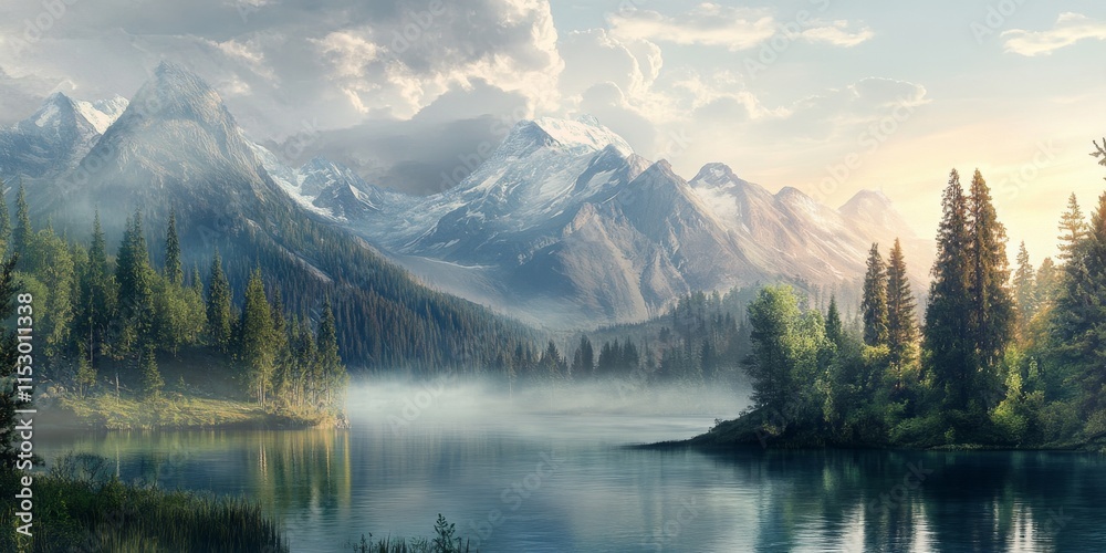 Naklejka premium Nature background featuring majestic mountains, showcasing stunning views of the serene mountain landscape. This nature background captures the beauty of mountainous terrains in a tranquil setting.