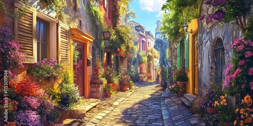 A charming alley featuring vibrant hues and picturesque scenery, this charming alley invites exploration and captures the essence of beauty found in charming alleys around the world.